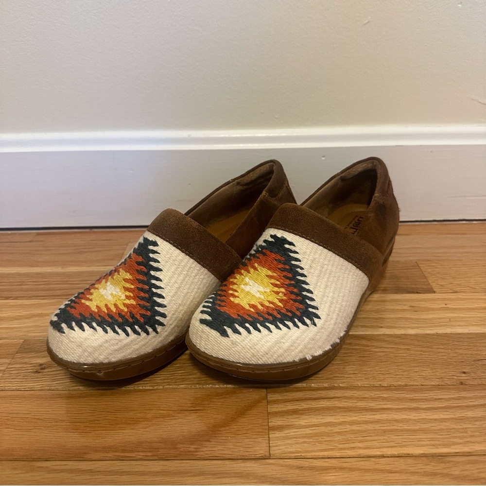 Born Brown Suede Moccasins with Cream & Orange Aztec Needlepoint